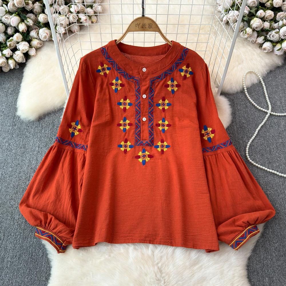 Женская блузка в этническом стиле с круглым вырезом и вышитыми рукавами-фонариками в стиле ретро, летние женские топы с цветными блоками