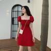 Летнее красное мини-платье в горошек, женские повседневные короткие платья с пышными рукавами, корейские модные халаты с квадратным воротником, женские