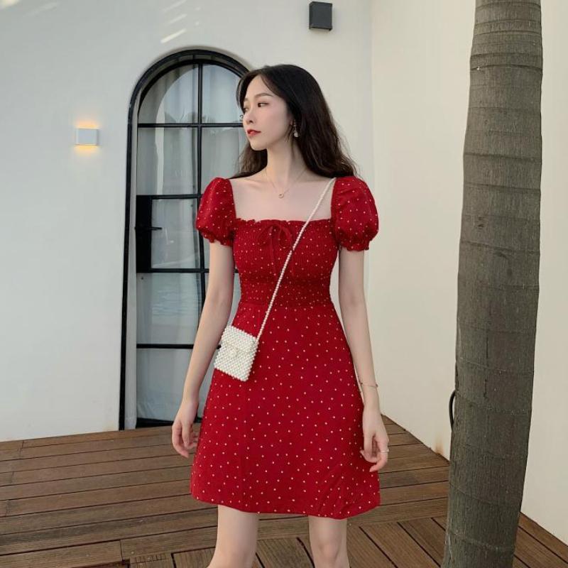 Летнее красное мини-платье в горошек, женские повседневные короткие платья с пышными рукавами, корейские модные халаты с квадратным воротником, женские
