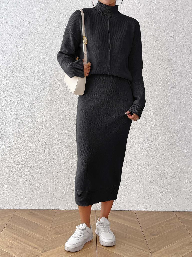 Женский однотонный элегантный и стильный однотонный комплект, пуловер с полувысоким воротником, юбка по бедрам, полуюбка, комплект из двух предметов