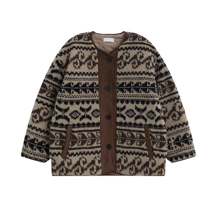 Eco-Friendly Lamb Wool Fair Isle Print Warm Retro Coat