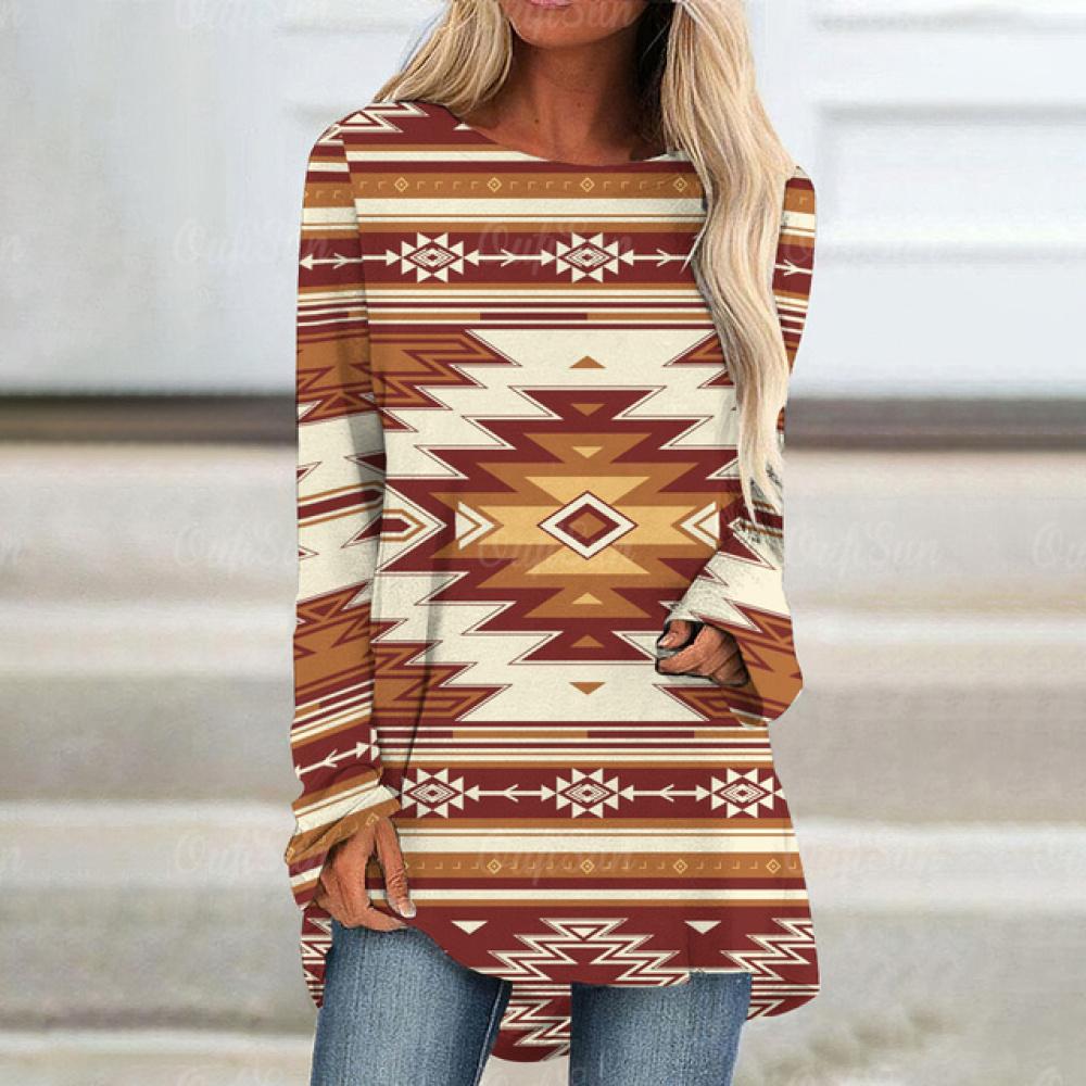 Ethnic 3D Print Long Sleeve T Shirt Women's Fashion Abstract Geometric Design Top Tees Autumn New Vintage Round Neck T Shirts