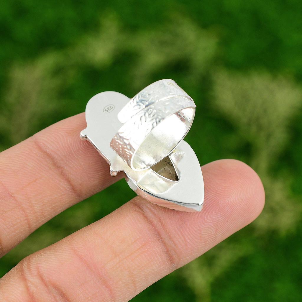 925 Silver Natural Plume Agate Promise Skull And Bone Adjustable Ring