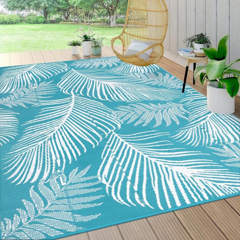 Tropical Palm Leaf Outdoor Rug Non Slip Waterproof Floor Mat for Terrace Balcony Poolside Camping Living Room Home Decor