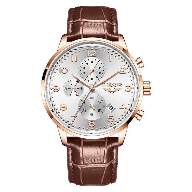LIGE Business Men's Luxury Watch Calendar Waterproof Man Wristwatch Fashion Sport Leather Chronograph Men's Quartz Watches Homme