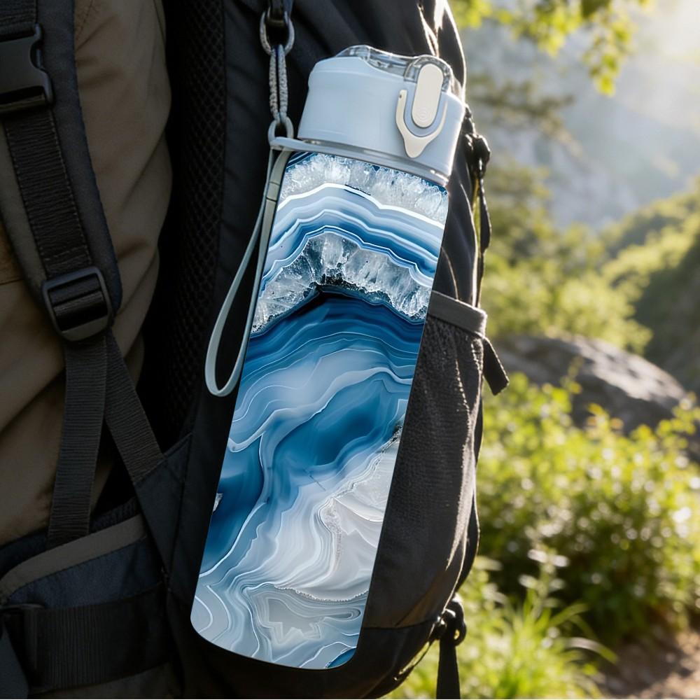 1PC Deep Blue White Gold Vein Marble Texture 750ml Color Plastic Sports Water Bottle Leakproof Flip Straw Lid Suitable for Sports Office Home Use