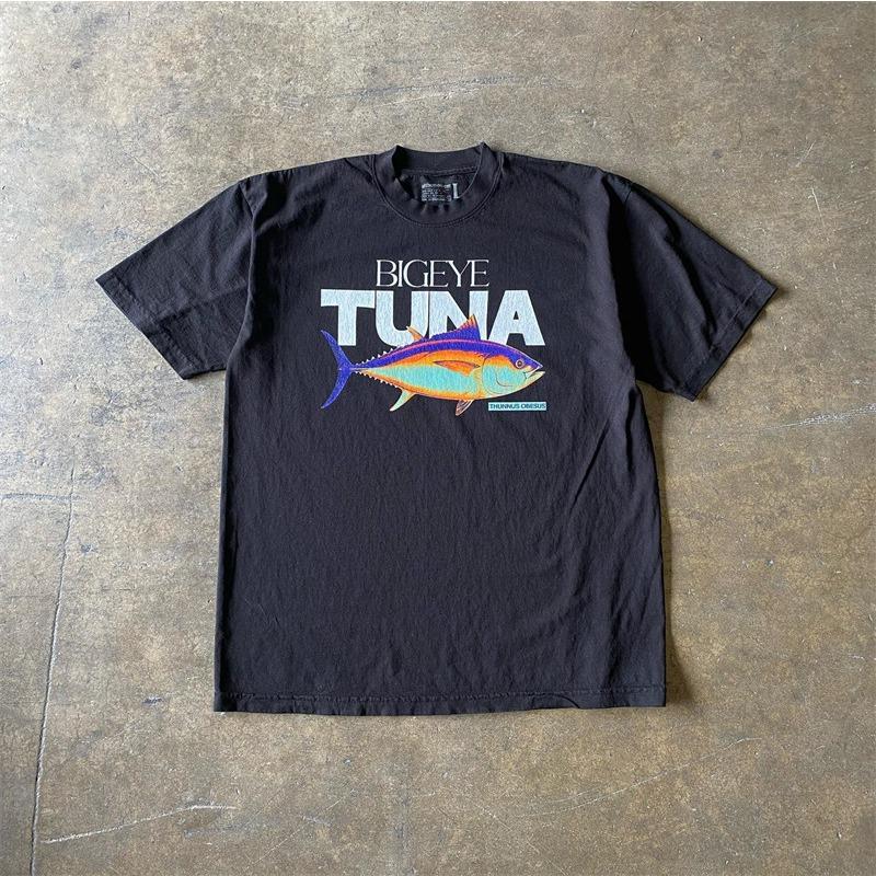American Retro Sea Fishing Big Eyed Tuna Print Short Sleeved Mens And Womens Outdoor Fishing Round Neck Tshirt Couple Top