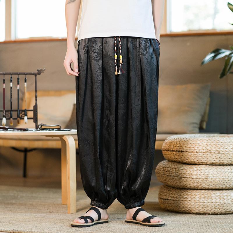 2024 Summer Brand Pants for Men Lce Silk Dragon Dark Flower Loose Bloomers High Quality Wide Leg Casual Pants Male