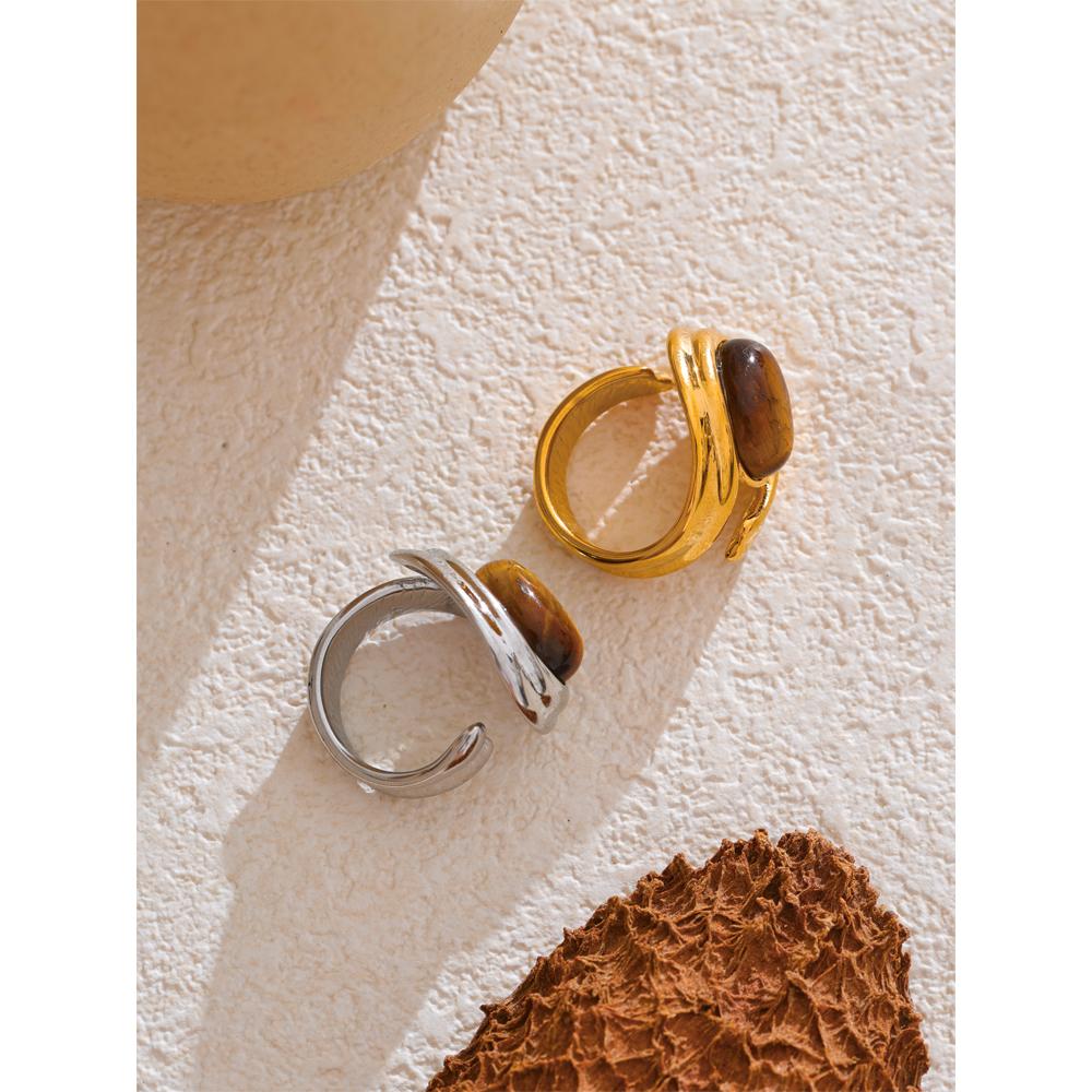 Eetit Popular Stainless Steel Natural Tiger Stone Finger Ring Gold Silver Color Waterproof Geometric Charm Jewelry 2024