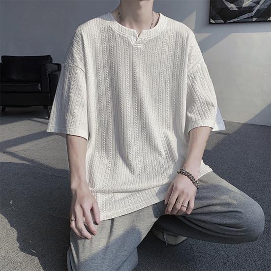 Мужская футболка с V-образным вырезом, коротким рукавом, текстурой с переплетением, однотонная свободная посадка, повседневные топы из ледяного шелка, повседневная одежда