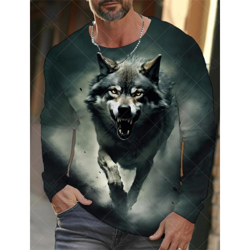 Популярная футболка серии Animal Wolf с 3D-принтом для мужчин, уличная верхняя одежда, повседневные футболки с длинным рукавом и круглым вырезом