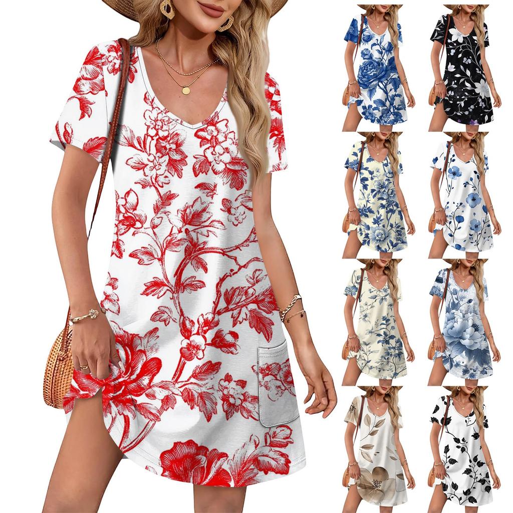 Women's Summer V-neck Casual Beach Dress Short Sleeve Floral Print Dress