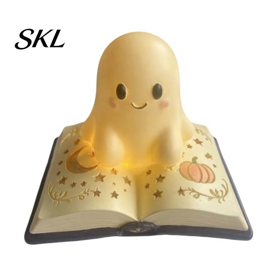 Ghost Figurine Desk Lamp Magic Book Night Light, Resin Tabletop Warm Glow with Moon Cute Light Star Relief, Bedside Sleeping for Kids Bedroom,