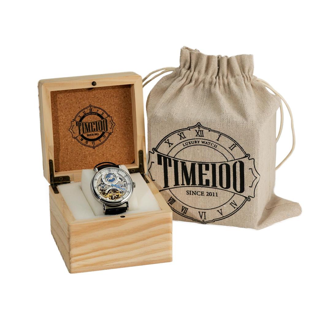 TIME100 роскошные автоматические часы скелетон механические из нержавеющей стали с ремешком из натуральной кожи водонепроницаемость 50 м мужские (Серебряный)