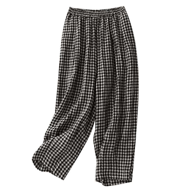 Spring and Summer Literary and Retro Small Plaid Natural Cotton and Linen Leaven Washing Process Loose Nine-point Wide-leg Pants Show Thin Homemade