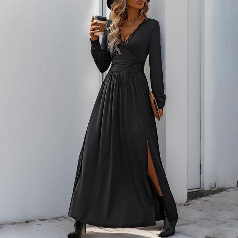Lace Dress Popular European And American Autumn And Winter Elegant Slim Split Dress