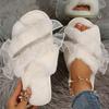 Fashion Mesh Faux Fur Cotton Slippers for Women All Match Crystal Detor Fur Slippers Woman Winter Cross Strap Indoor Cotton Slides Lady