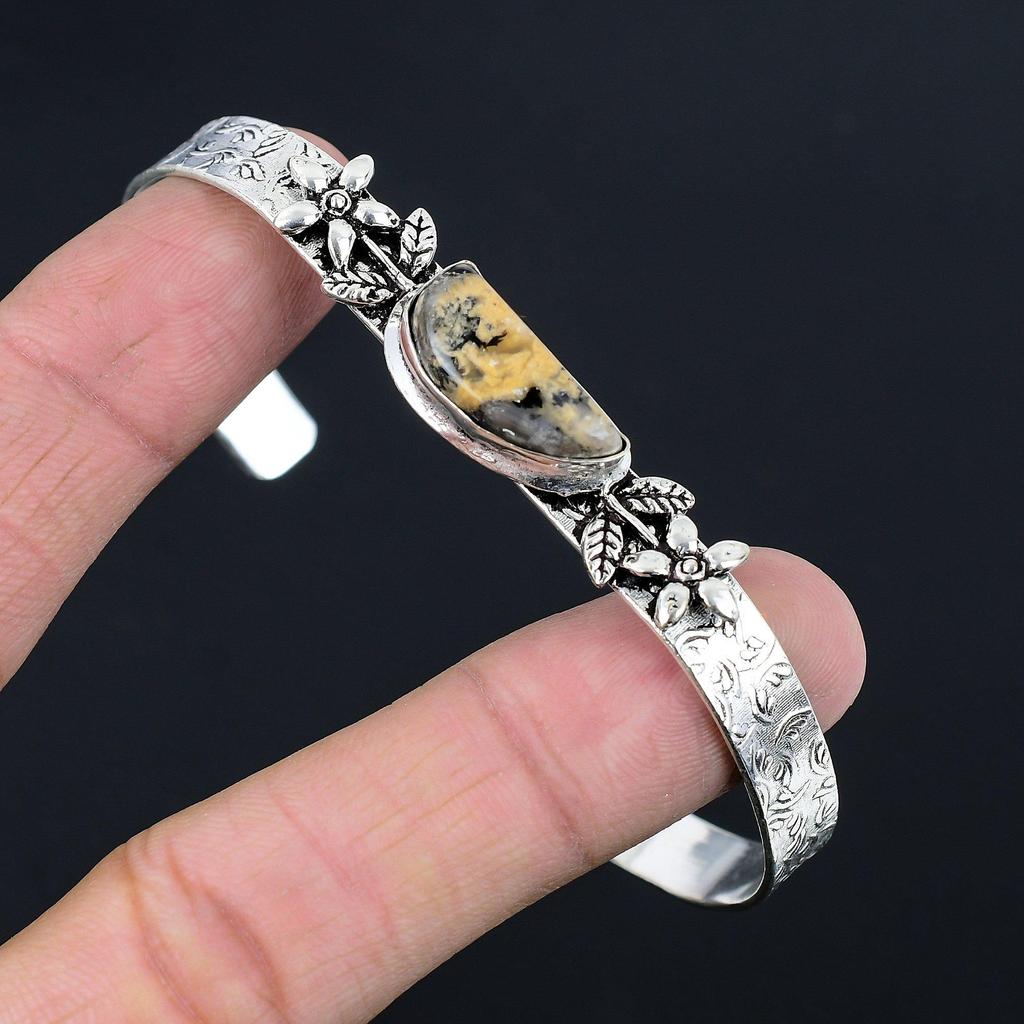 Sterling Silver Trillion Dendrite Tiger Gemstone Sister Flower Birthday Bangle