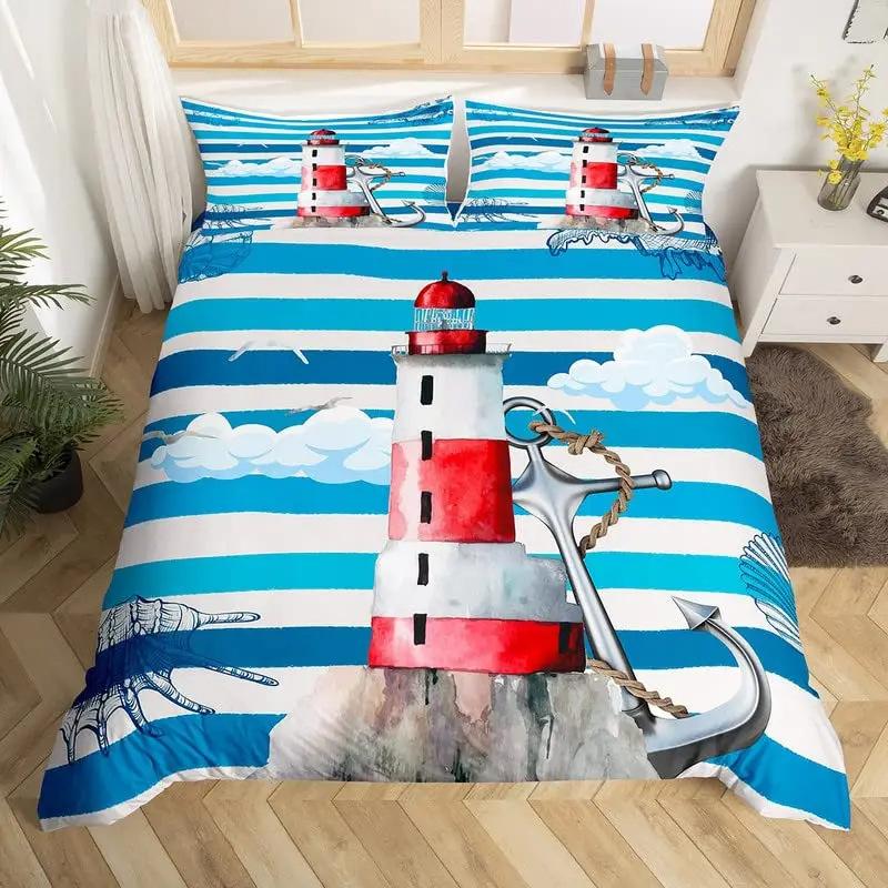 Vintage Nautical Anchor Duvet Cover Set Sailing Lighthouse Bedding Cover With Pillowcase Quilt Cover Three-Piece Set