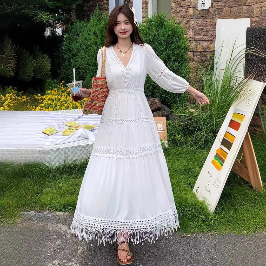 Новое ретро сладкий и нежный стиль V-образный вырез белое платье женское весна и лето темперамент светская львица талия подчеркивание