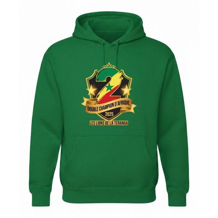 Sweat à Capuche homme foot inspiré Sénégal : Double Champion d'Afrique 2025 - - Vert