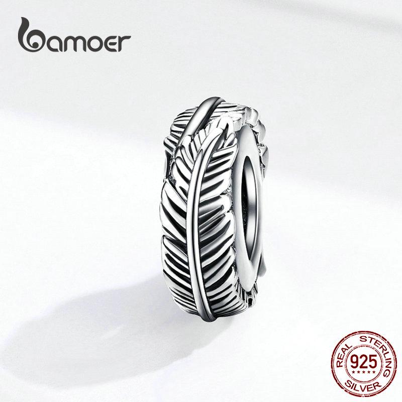 BAMOER Bohemia Feather Spacer Stopper с силиконовыми винтажными бусинами из стерлингового серебра 925 пробы