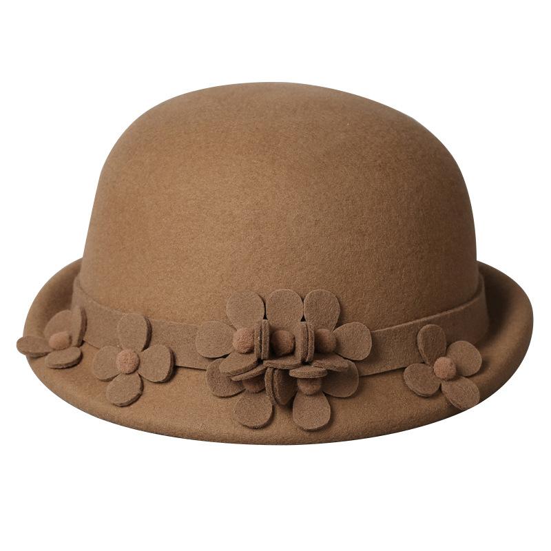 Autumn and winter new woolen hat female elegance flower temperament small edge top hat outdoor travel versatile thermal basin hat