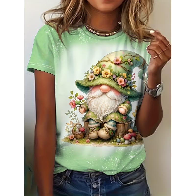 Crew Neck Short Sleeve Cute Gnome Bee Floral Print T Shirt Women's Outfits Casual Daily Wear