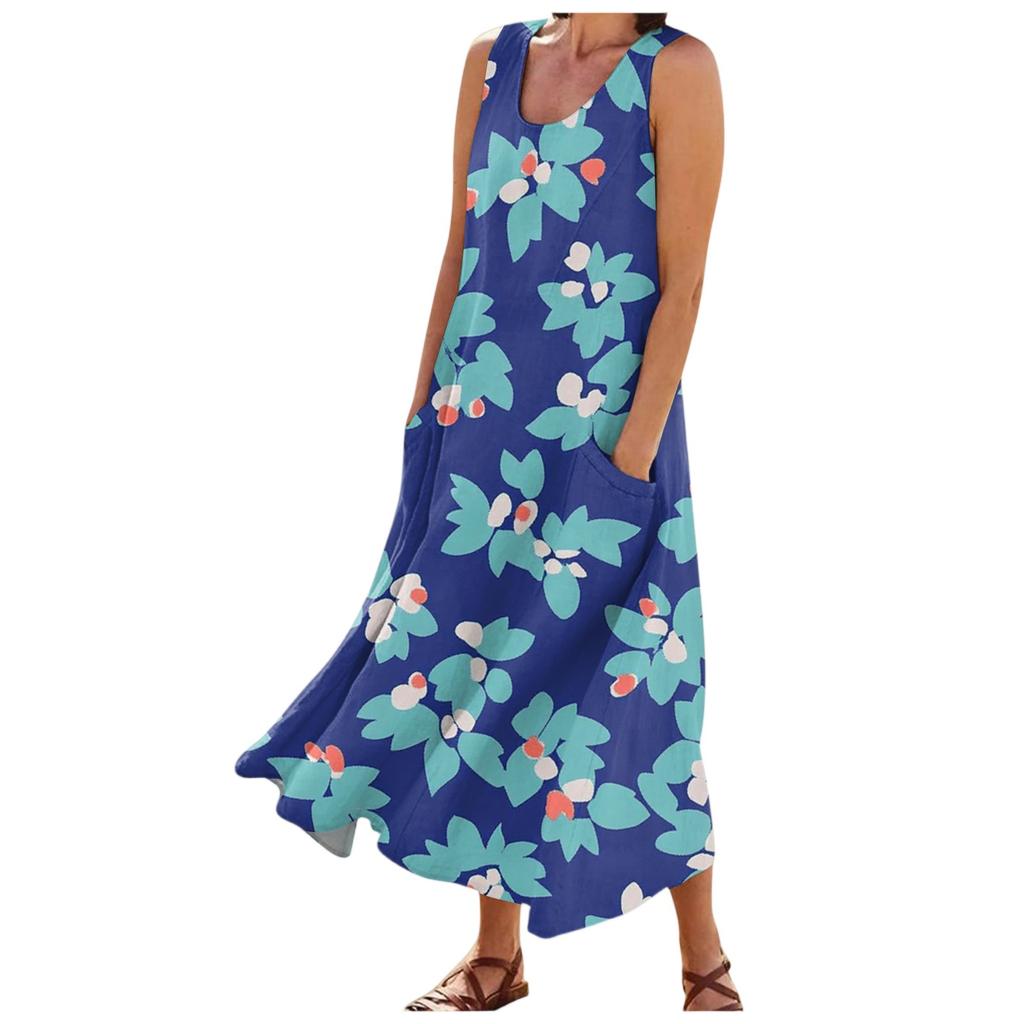 Женские модные летние повседневные платья без рукавов с цветочным принтом и маленькими карманами