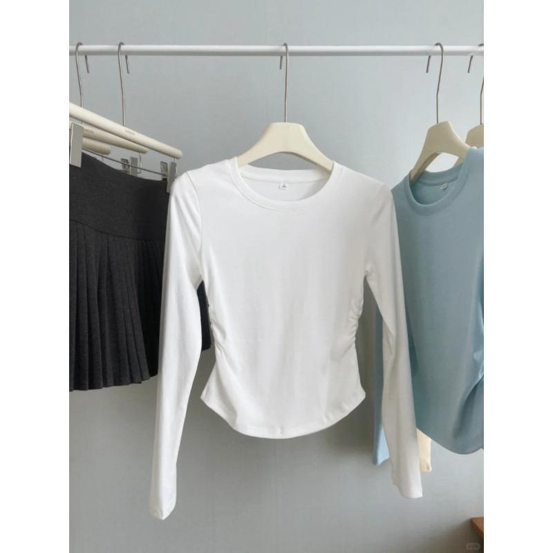 Card Waist Pleated White Long-sleeved Short Top Women's Autumn Small Hot Girl Slim-fitting Straight Shoulder Bottoming Shirt T-shirt