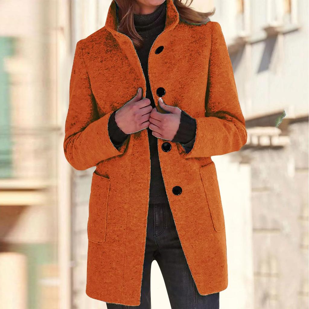 Women's Casual Coat Solid Color Long Sleeved Button Up Collar Pocket Woolen Jacket