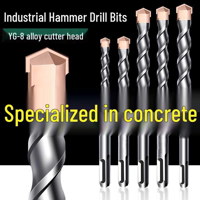 Extended Rotary Hammer Drill Bit Set for Concrete, Stone, and Brick Walls - Alloy, Square & Round Shanks