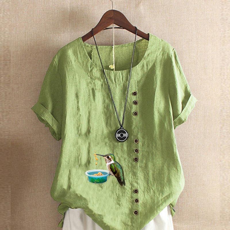 Women's New Fashion Linen Shirt Round Neck Short Sleeve Bird Printed T-shirt Summer Ladies Casual Plus Size Blouse Tops