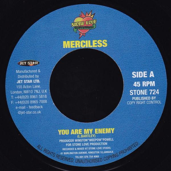 7-дюймовая пластинка MERCILESS You Are My Enemy STONE724 Stone Love Move 2001 UK Reggae Ska Dub Б/у