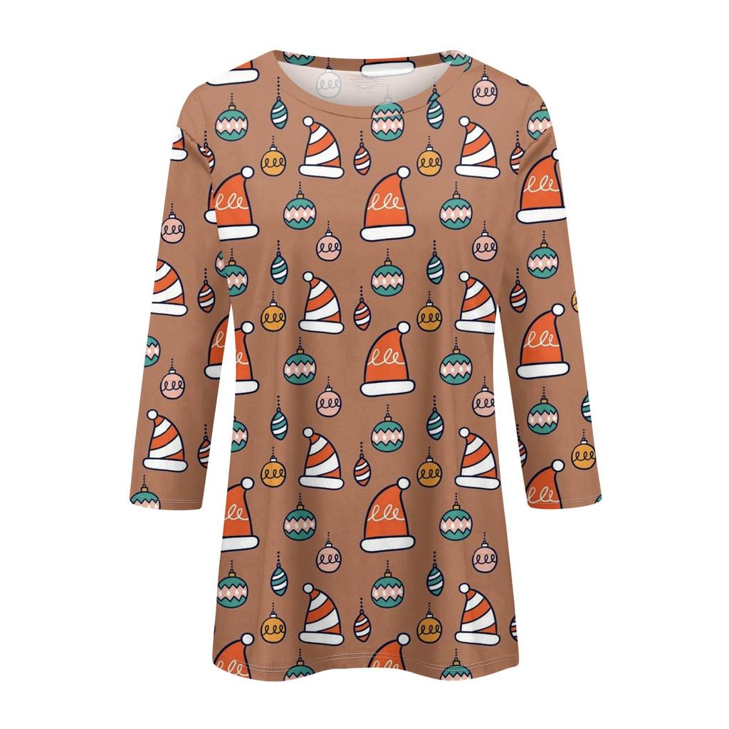 Женская мода повседневная рубашка с круглым вырезом и рождественским принтом, семь рукавов