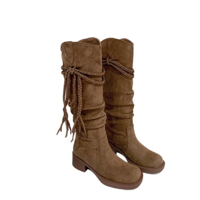 Ретро пустошь бахрома рыцарские сапоги женские сапоги на толстом каблуке 2025 новые осенне-летние западные ковбойские сапоги-чулки