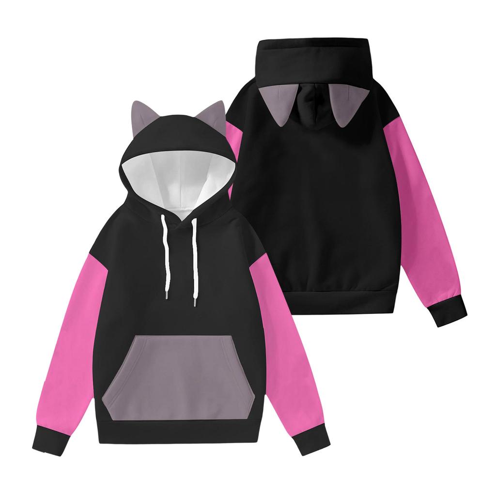 Women's Fashion Long-Sleeved Color-Blocked Printed Hooded Sweatshirt With Ears