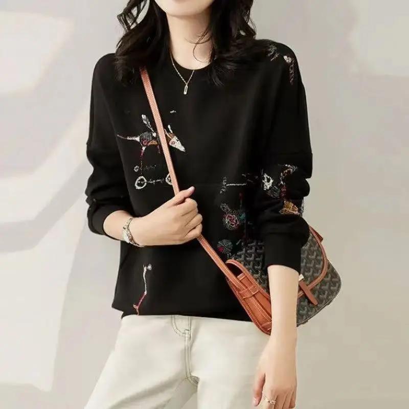 Повседневный Шикарный Худи Женский Круглый Вырез Длинный Рукав Свободный Пуловер Топы Женская Корейская Мода Смешная Вышивка Хлопковая Толстовка Простой