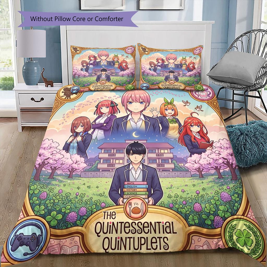 The Quintessential Quintuplets Pattern Bedding Quilt Set Quilt Cover Pillowcase Home Birthday Gift(1 * duvet cover + 2 * pillowcase, without core)