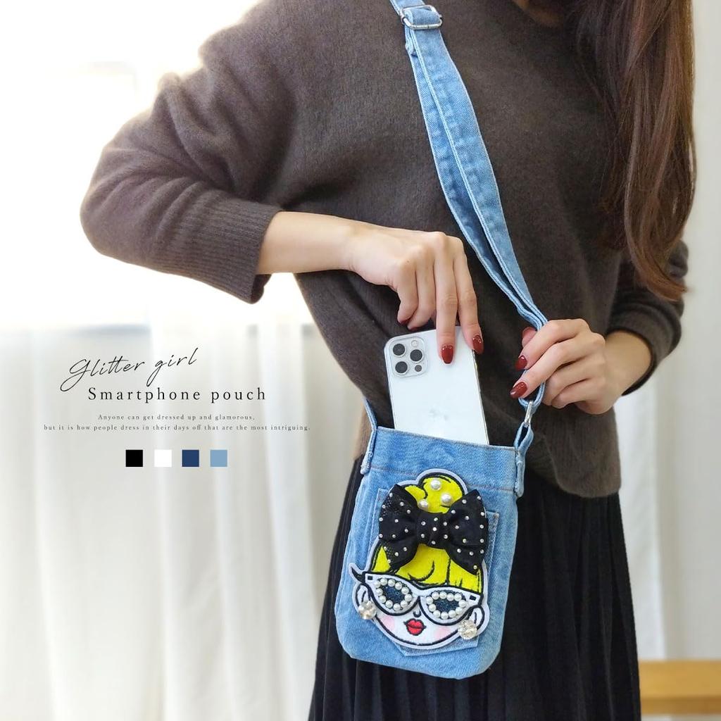 Smartphone Shoulder Denim Smartphone Pouch Pochette Shoulder Bag Pouch Crossbody Vertical Glitter Girl Smartphone Pouch [DIVA Rose] Women's (Black)