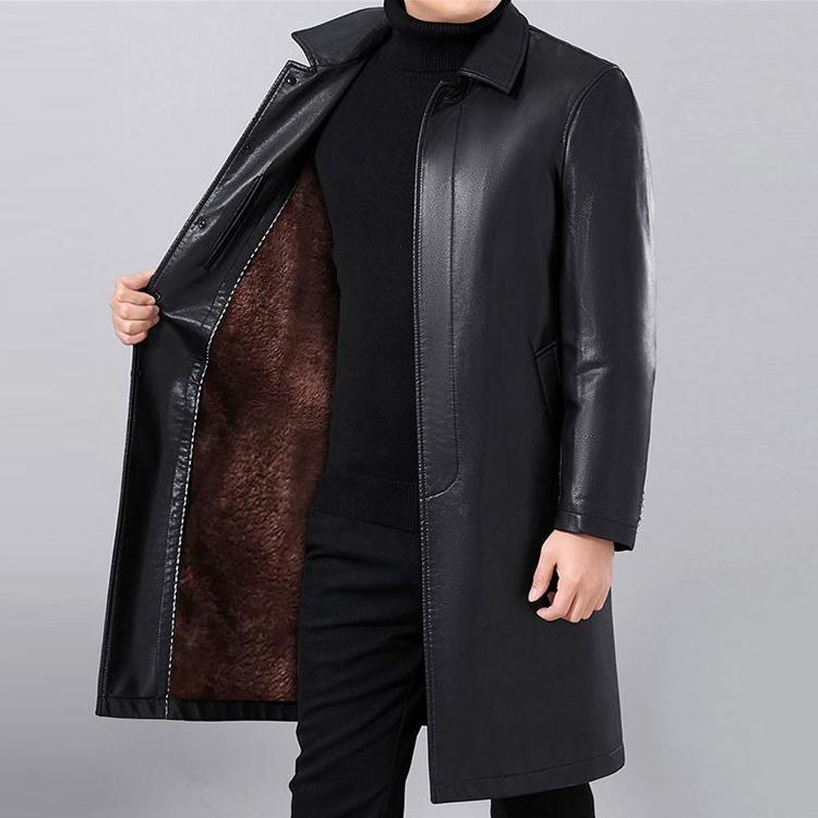New Winter and Autumn Men's Warm Thick Long Leather Jacket Pu Leather Lapel Windbreaker