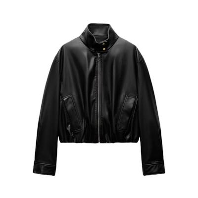 Осенне-зимняя женская куртка в уличном стиле с длинным рукавом и воротником-стойкой из искусственной кожи