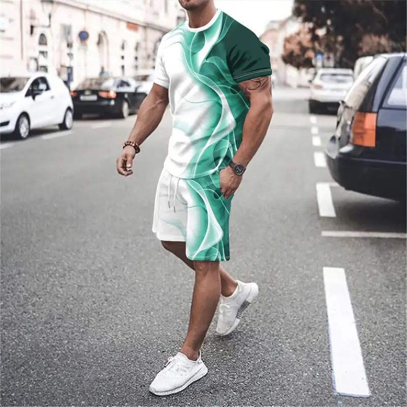 Новая футболка с градиентной текстурой, мужская летняя двухкомпонентная футболка, новый костюм с шортами, модная уличная повседневная спортивная одежда для мужчин, модели