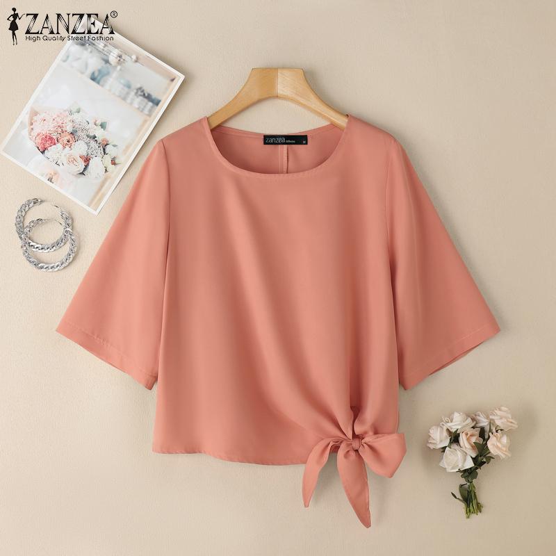 ZANZEA Женская повседневная однотонная блузка с круглым вырезом и половиной рукавов