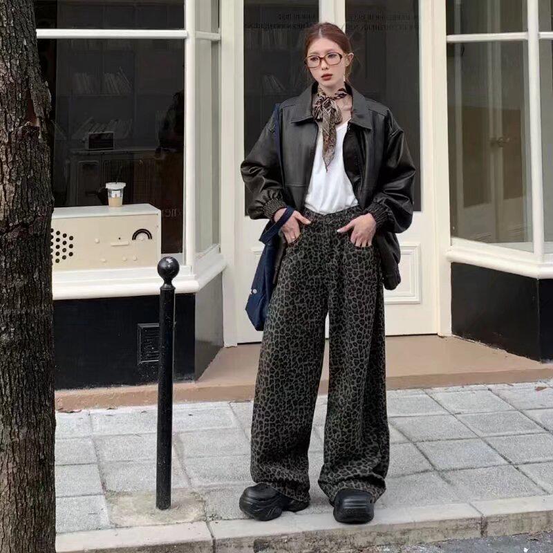 Unisex Leopard Print Jeans: Washed, Distressed, Straight-Leg, High Street Vibe for Spring & Autumn