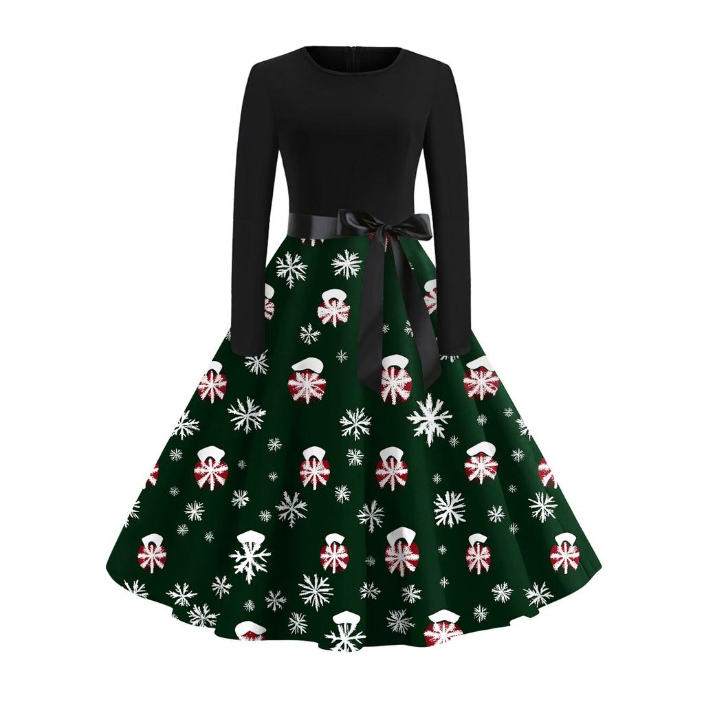 Christmas Print Flare Dress For Women Long Sleeve Dress Hollow Party Casual Dresses