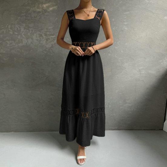 Однотонное платье на бретельках без рукавов с открытой спиной и высокой талией, свободное кружевное платье трапециевидной формы в стиле пэчворк