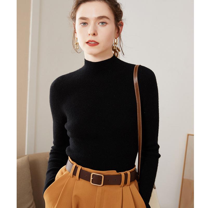 Women's High-Quality Cashmere Knit Base Layer Top - Long Sleeve, Tight-Fit, Warm & Soft Sweater for Autumn/Winter