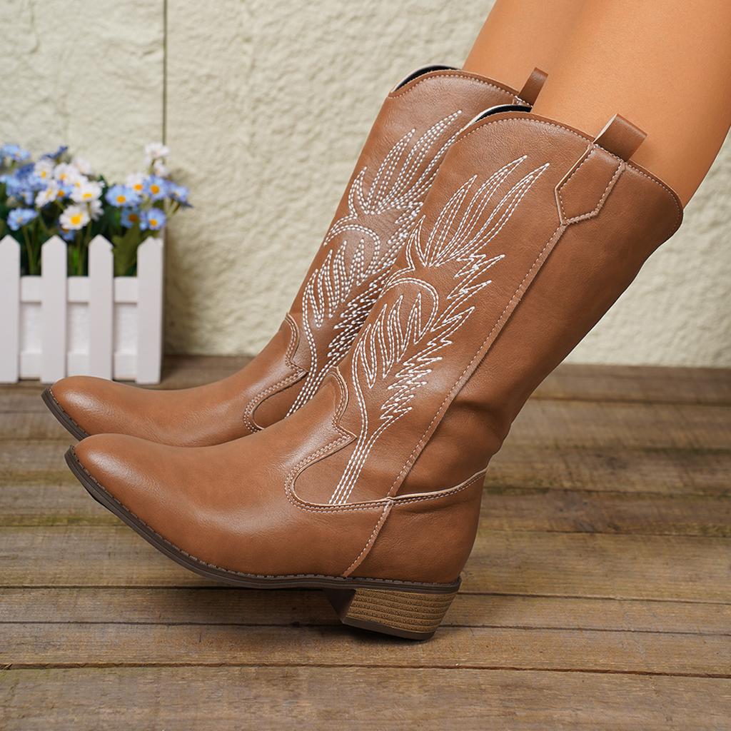 Женские ковбойские сапоги до середины голени с острым носком, без застежек, на толстом блочном каблуке с вышивкой, женские ковбойские сапоги в стиле вестерн, ботильоны с широким голенищем, надеваемые через голову