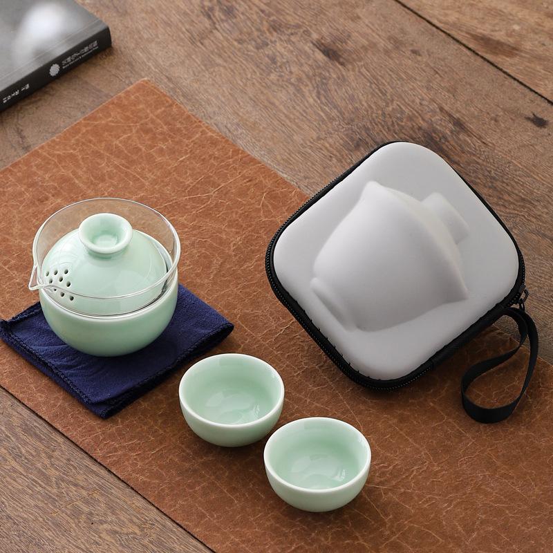 Portable celadon travel teacup tea set small set glass outdoor one pot three cups ceramic express cup brewing teapot